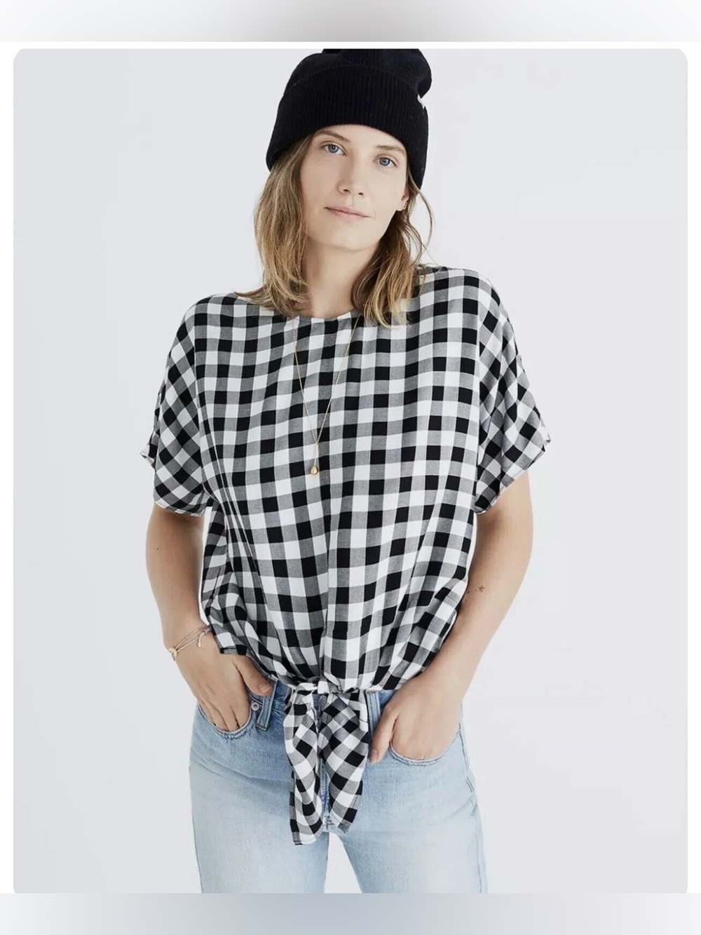 Madewell B/W Buffalo Check Short Sleeve Front Tie Shirt sz. M